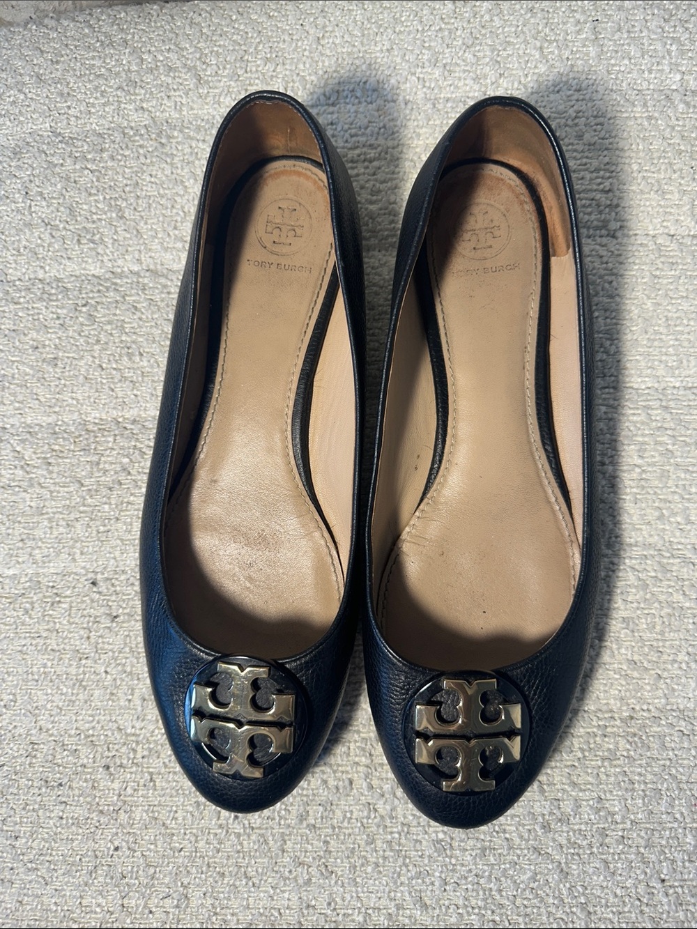 Tory Burch Black Leather Logo Round-Toe Ballet Flats